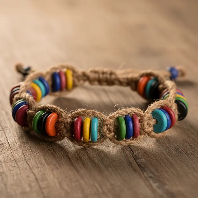 A close-up of a three-strand braided hemp bracelet with tiny seed beads woven into the pattern.