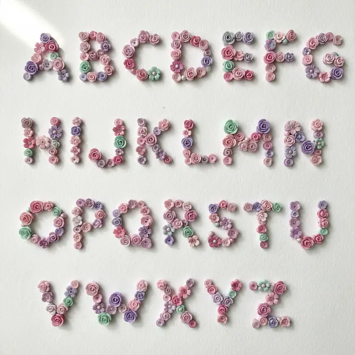A capital letter formed from an arrangement of small pastel pink, lavender, and mint green buttons in floral shapes.