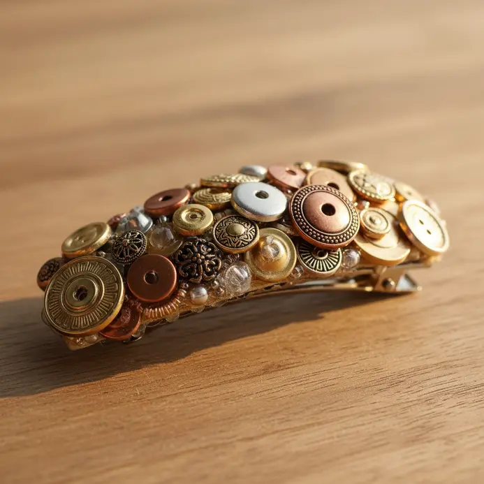 A large hair clip covered with an assortment of gold, silver, and copper-toned buttons in various shapes.