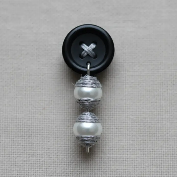 A pair of earrings featuring small black, white, and grey buttons stacked on headpins to create a graduated, linear drop.