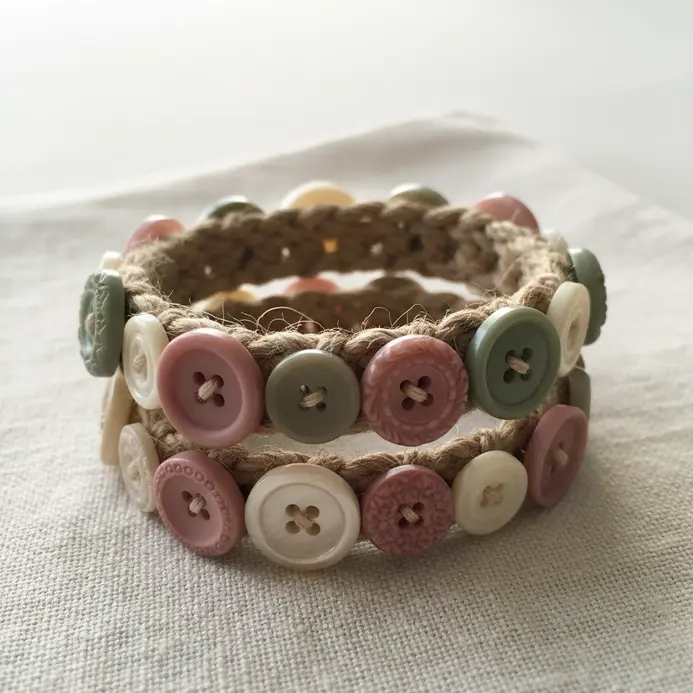 A single strand of elastic cord strung with a mix of vintage ceramic, bakelite, and glass buttons in muted tones.