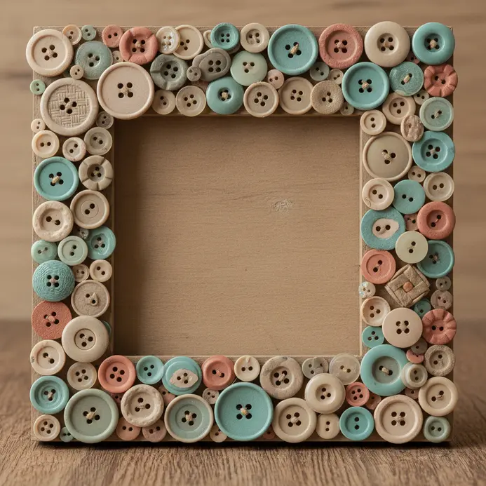 A plain wooden picture frame with its outer edges completely covered in a mosaic of buttons with different surface textures.