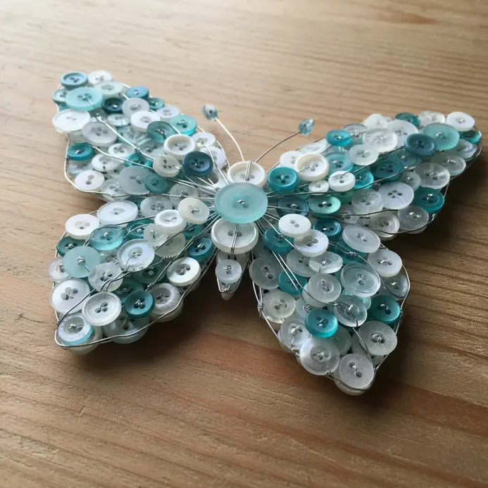 A butterfly with wings made from layered iridescent and translucent buttons, mounted on wire antennae.