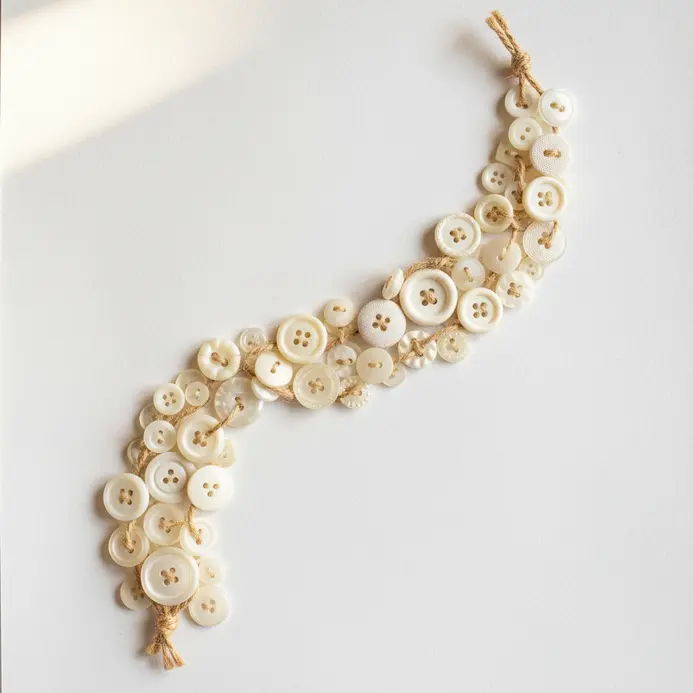A length of natural twine strung with dozens of white, cream, and clear buttons, hanging in a sunlit window.