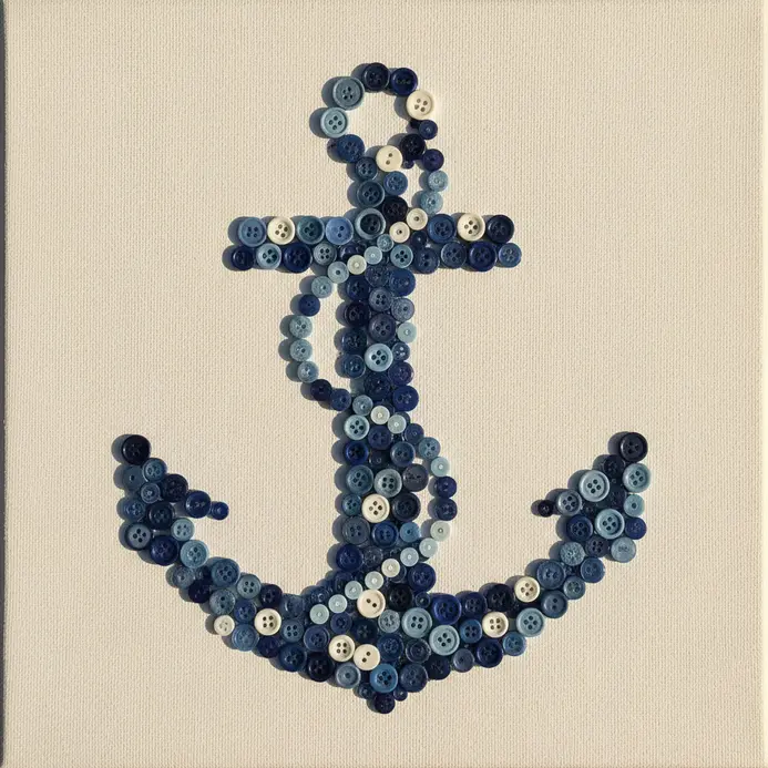 A detailed illustration of a ship's anchor created with denim blue, navy, and white buttons on a light background.