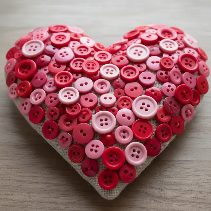 A fabric heart-shaped base completely covered with a mix of red, pink, and rose gold buttons.