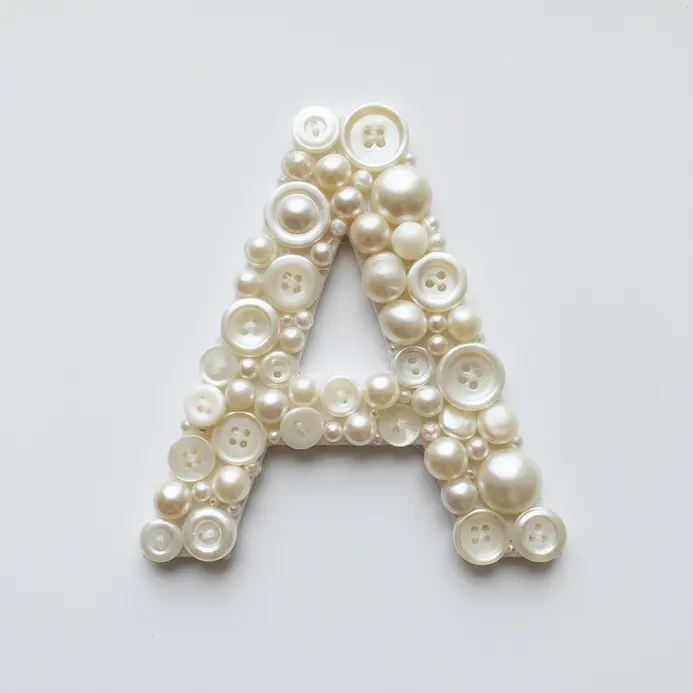 A framed glass shadow box displaying a couple's wedding date formed from delicate white and ivory pearl buttons.