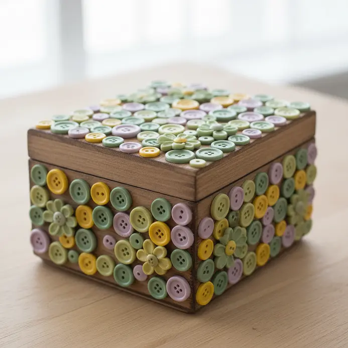 A small, stained wooden box with a lid featuring a floral motif created with an assortment of small, colorful buttons.