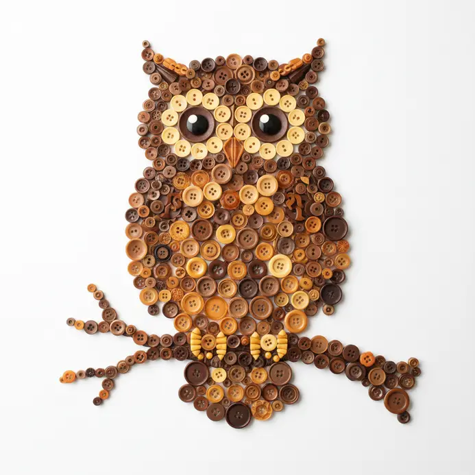 A detailed portrait of an owl with large button eyes, perched on a branch, made from various brown, tan, and amber buttons.
