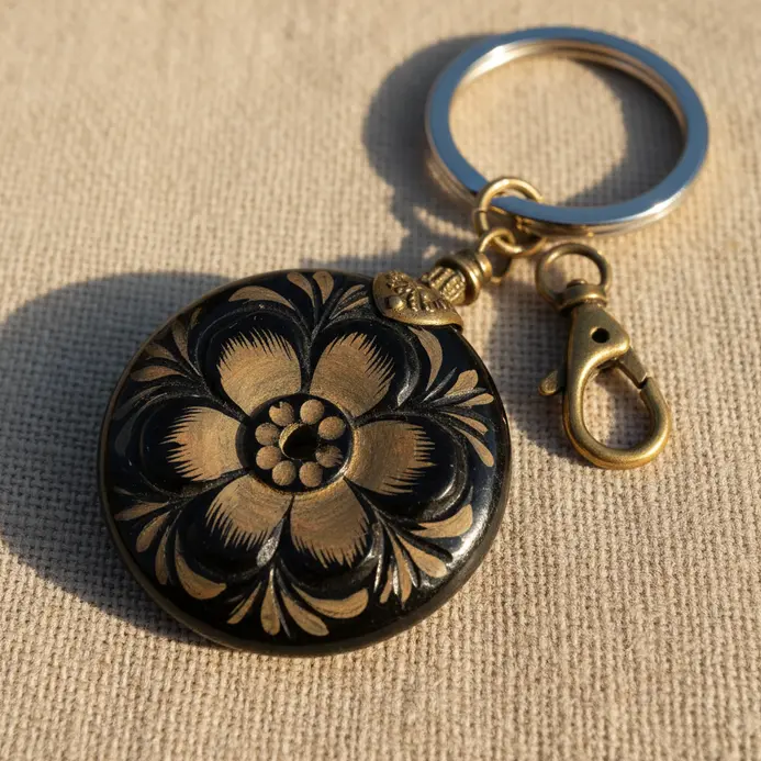 A metal key ring holding a single, large vintage button with a floral pattern, made from black bakelite.