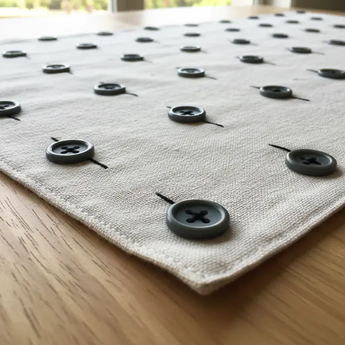 A long, linen table runner with a repeating triangular pattern along its edges, created with sewn-on black and white buttons.