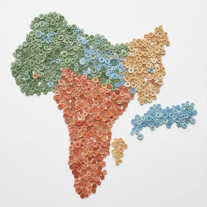 A wall-sized outline of a continent, with different countries or states filled in with buttons of coordinating colors and textures.