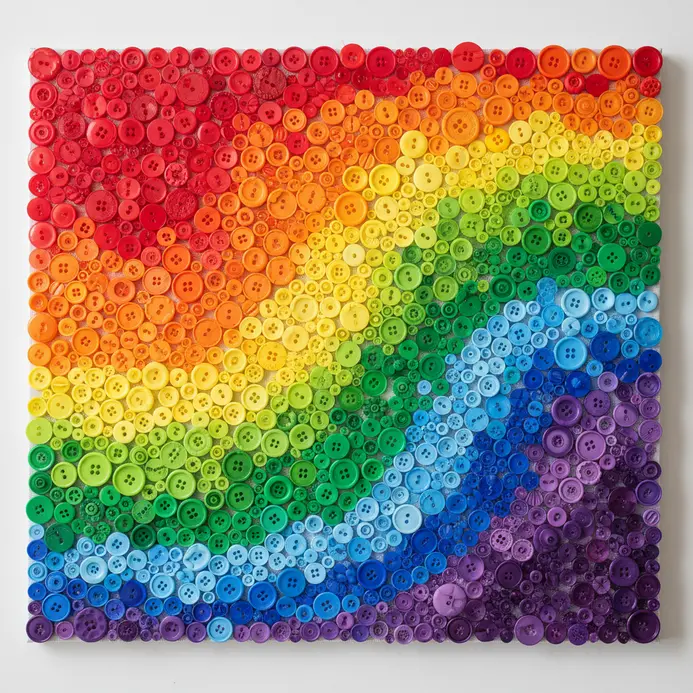 A wide, rectangular canvas where buttons transition smoothly from red, orange, yellow, green, blue, to purple in ordered rows.