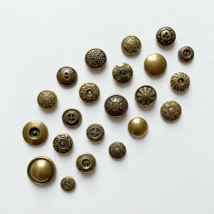 A wooden shadow box containing a symmetrical layout of vintage brass buttons with intricate designs.