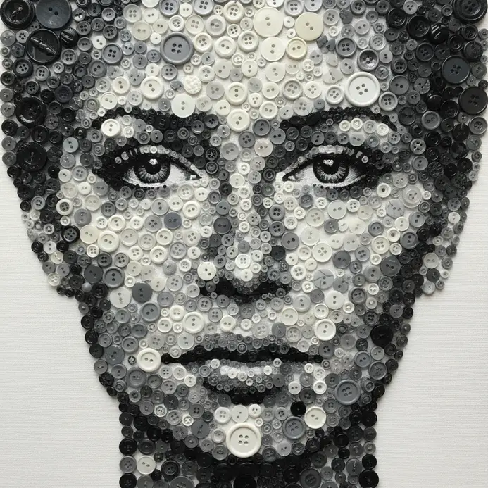 A large framed panel depicting a human face, where shades and features are defined by meticulously arranged buttons in black, white, and grey.