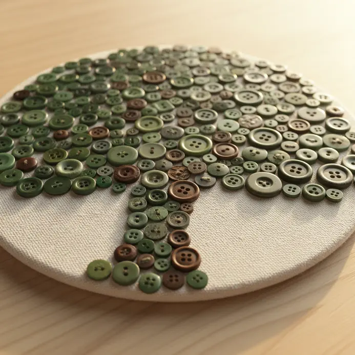 A miniature tree with a trunk and branches constructed from dark brown buttons and a canopy of various green buttons.