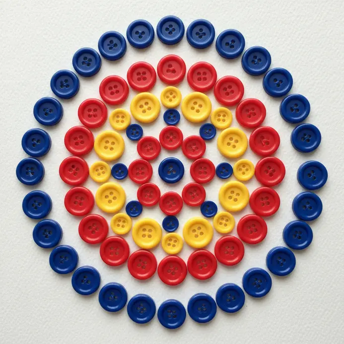 A radial mandala design on a dark background, created with concentric rings of red, yellow, blue, and green buttons.