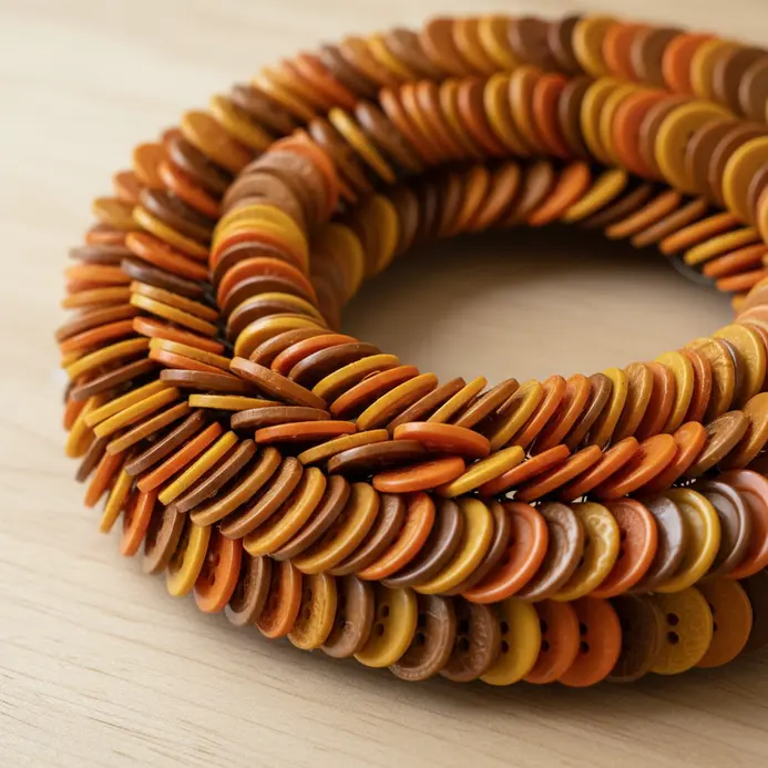 A circular wire wreath base densely covered with overlapping buttons in autumn orange, gold, and brown hues.