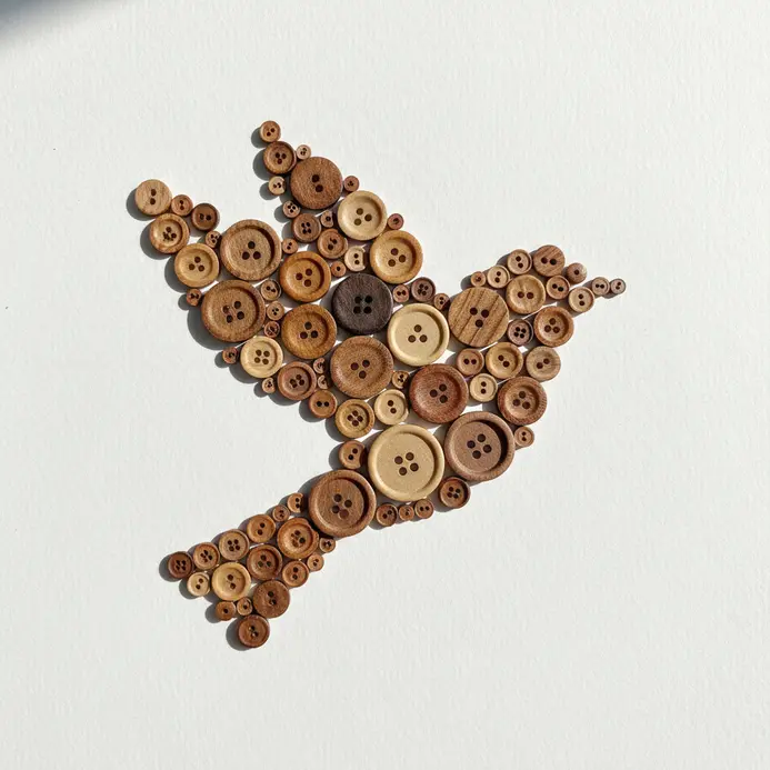 The silhouette of a perched bird formed by natural wood buttons of different sizes against a textured burlap canvas.