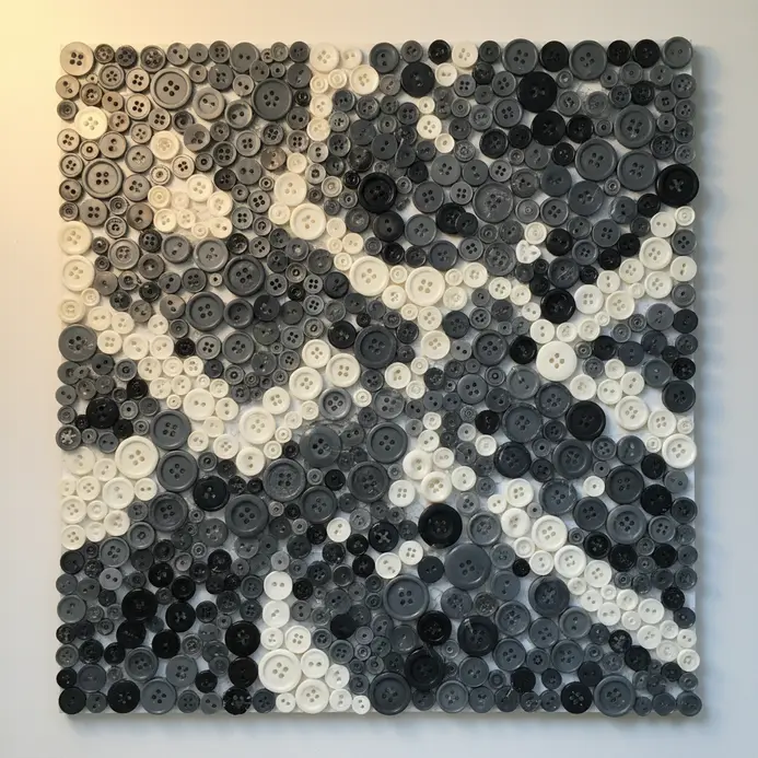 A complex artwork featuring triangles, hexagons, and diamonds filled with tightly arranged buttons in a controlled color palette.