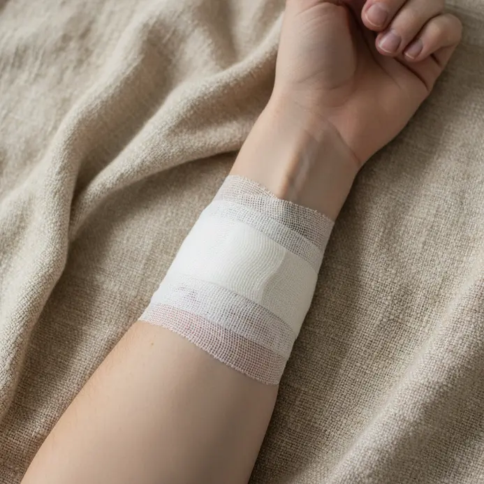 A person asleep in bed with a bandaged tattoo arm resting outside the blankets.