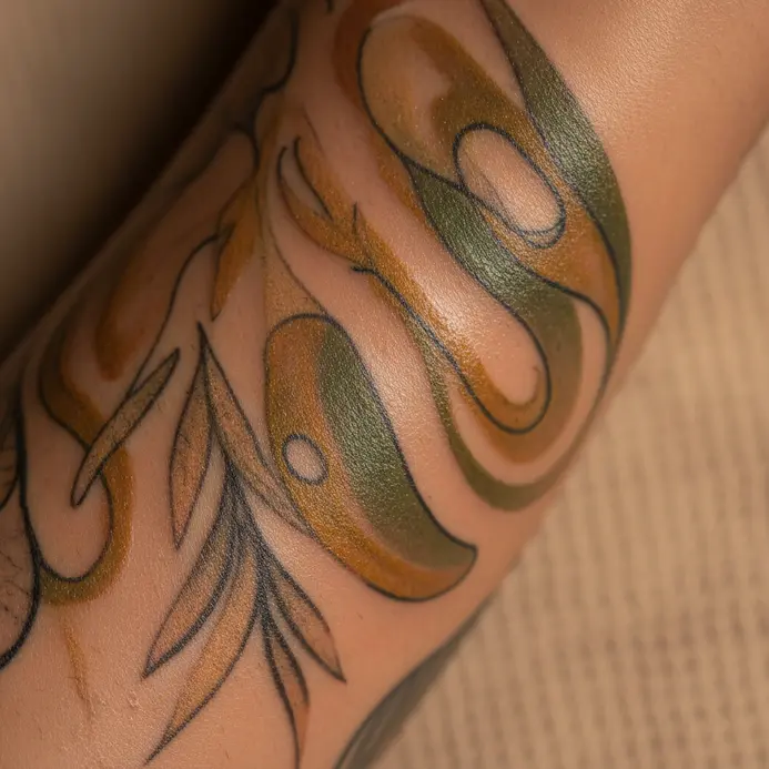 A person gently applying a moisturizing tattoo aftercare balm to a fresh forearm tattoo.