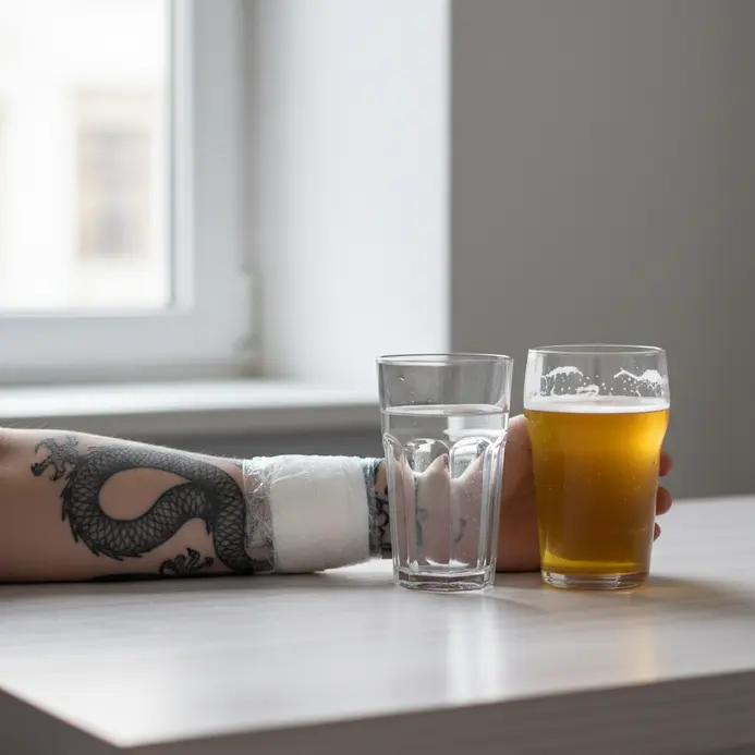 Close-up of a tattoo artist using sterile gloves to apply a protective bandage over a new tattoo.