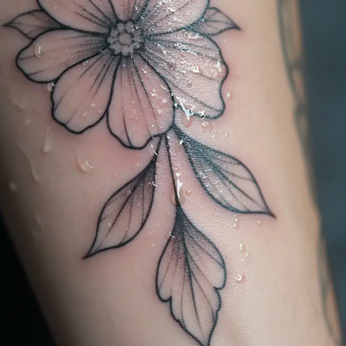 A person dabbing excess plasma from a fresh tattoo with a clean, white paper towel.