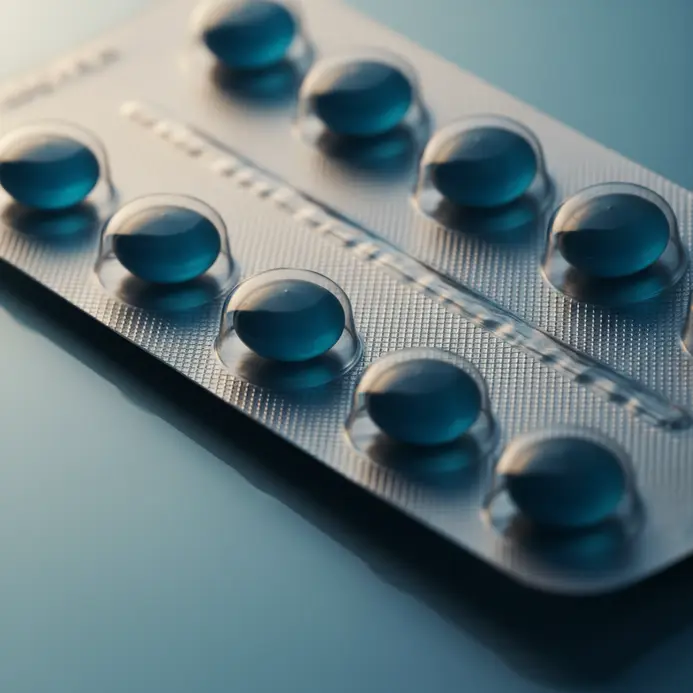 A packet of ibuprofen tablets placed beside a full glass of water on a table.