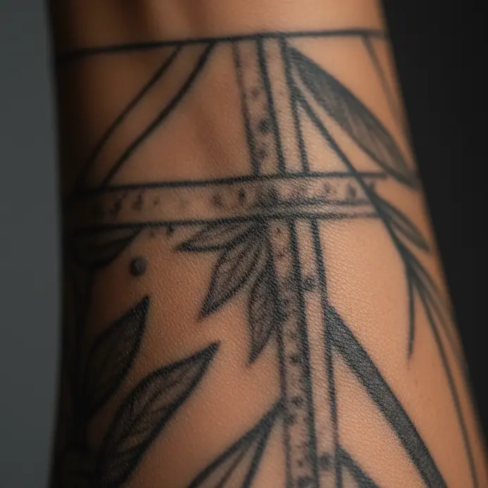 Two tattooed forearms show sharp black lines on one and a smudged, patchy design on the other.