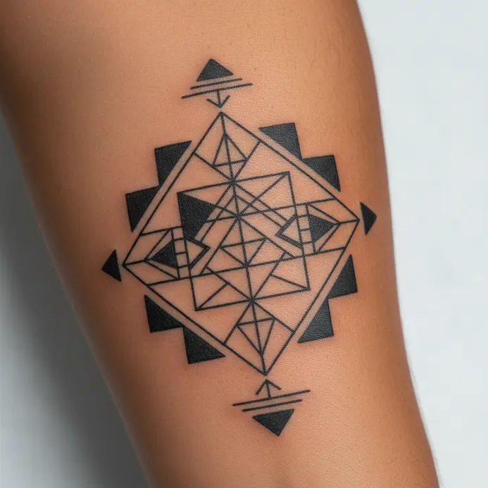 A tattoo artist points to a client's forearm, discussing skin condition during a pre-tattoo consultation.