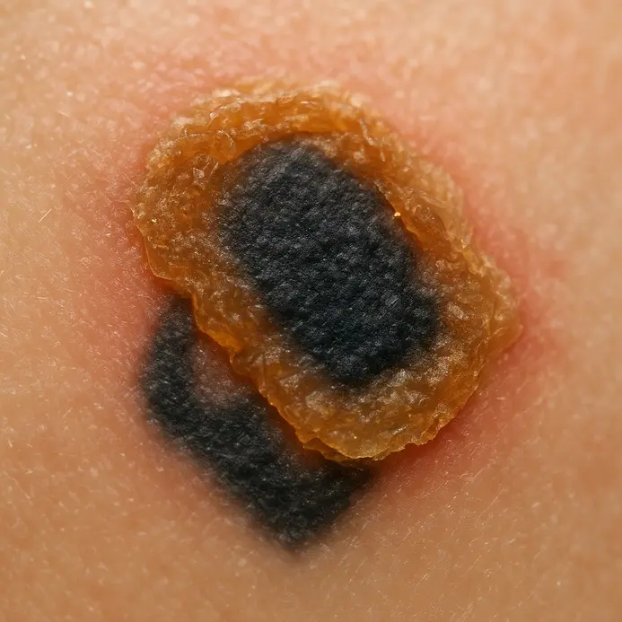 A close-up view of a healthy, thin scab on a healing tattoo.