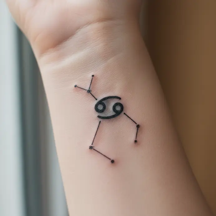 A delicate, single-needle Cancer constellation tattoo in a V shape on a person's inner wrist.