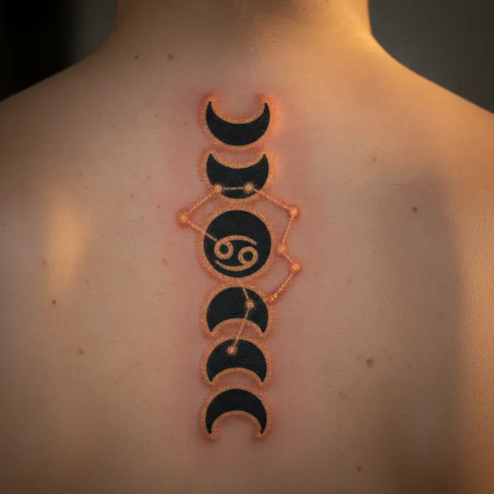 A vertical tattoo on the upper back depicting a sequence of moon phases alongside the linear Cancer constellation.