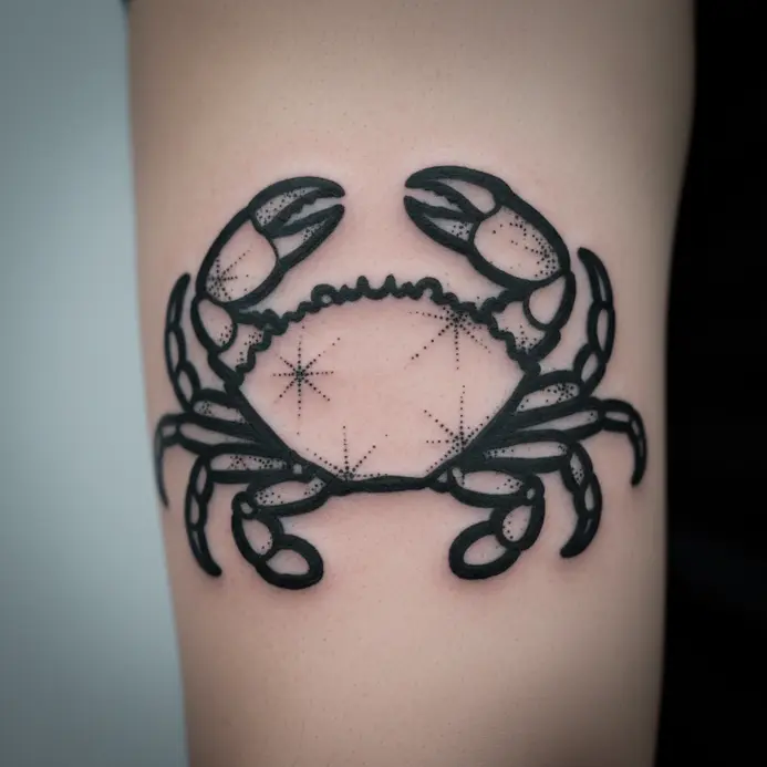 A clever inner bicep tattoo where the shape of a crab is formed by negative space within an inked area, with constellation dots nearby.