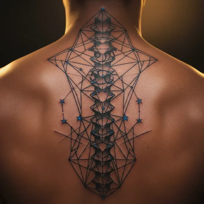 A series of clean, geometric lines running down the spine, with the Cancer constellation integrated into the pattern.