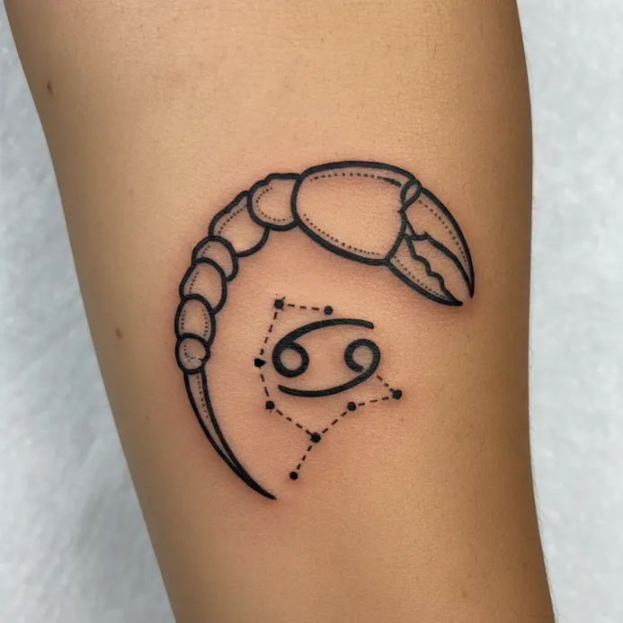 A detailed linework tattoo of a single crab claw gently cradling the Y-shaped Cancer constellation within its grasp.