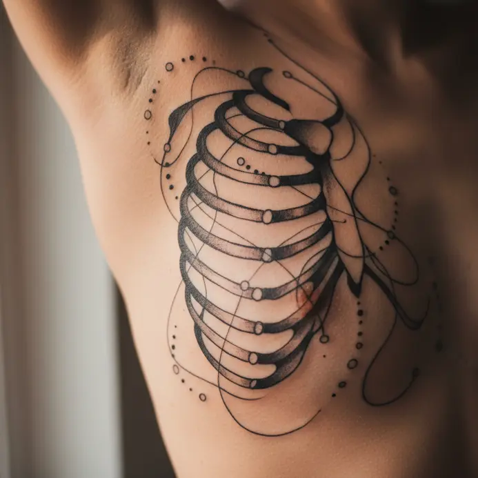 An artistic ribcage tattoo blending abstract cursive script with the scattered star points of the Cancer constellation.