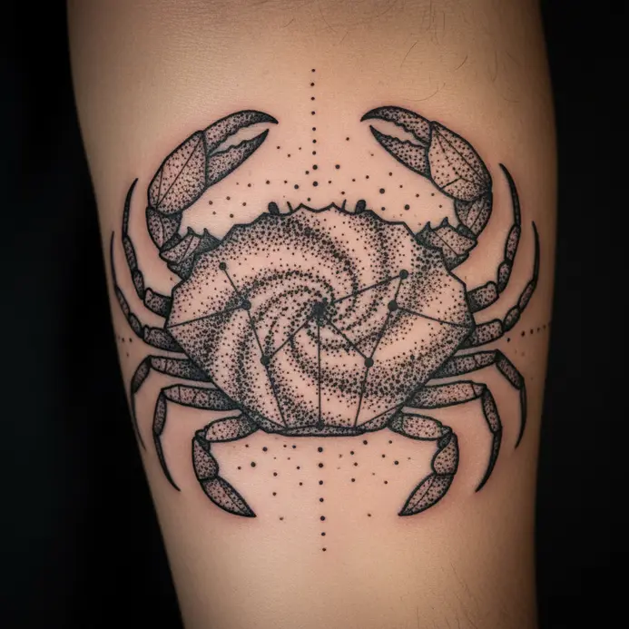A textured dotwork tattoo depicting the Cancer stars emerging from a stylized crab shell outline.