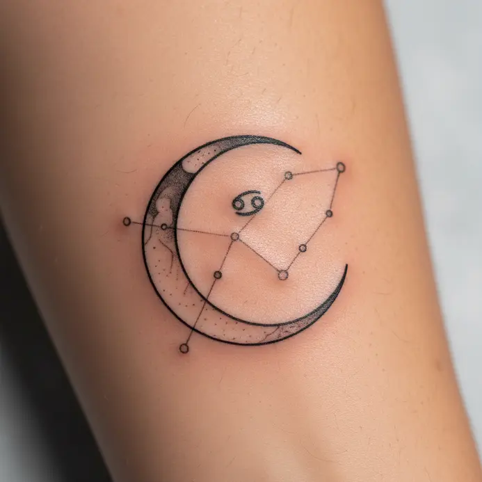 A linework tattoo on a forearm showing the Cancer constellation beside a slender crescent moon.