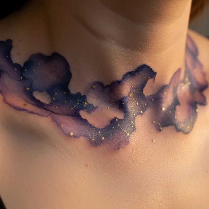 A Cancer constellation tattoo placed along the collarbone, with soft watercolor blues and purples creating a cosmic background.
