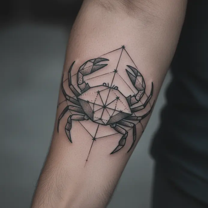 A sharp, geometric tattoo forming both a crab shape and the Y-shaped Cancer constellation.