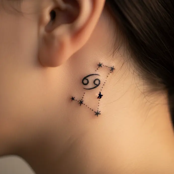 A minimalist, small-scale Cancer constellation tattoo in fine linework placed discreetly behind a person's ear.