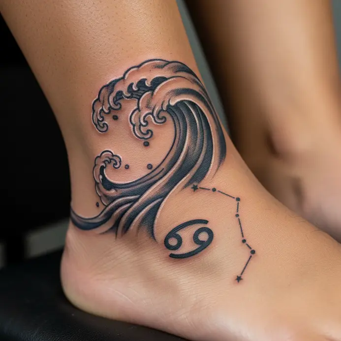 A flowing linework tattoo around an ankle, depicting a gentle ocean wave cradling the Cancer constellation stars.
