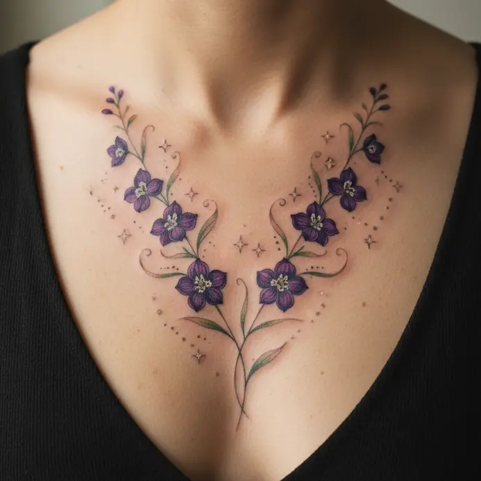 A delicate sternum tattoo where the stems of a larkspur flower, Cancer's birth flower, intertwine with the constellation's star points.