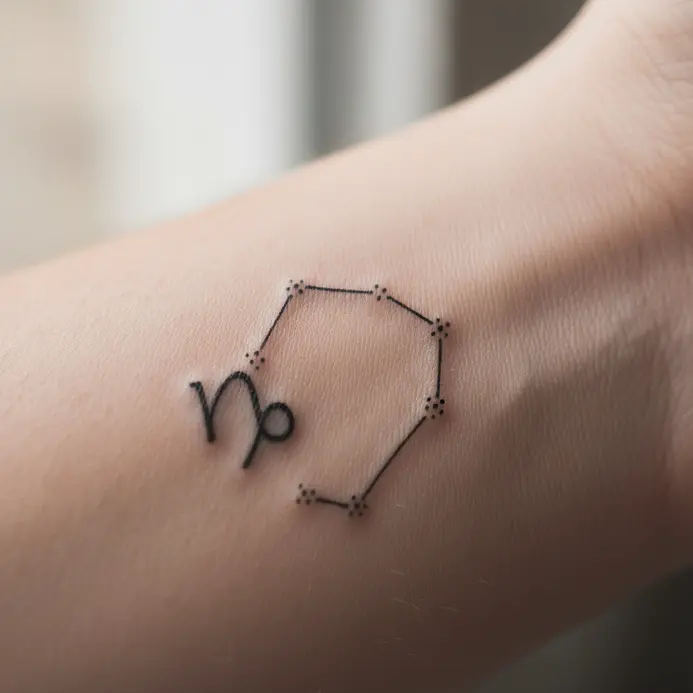 A delicate line work tattoo of the Capricorn constellation placed along the inner wrist.