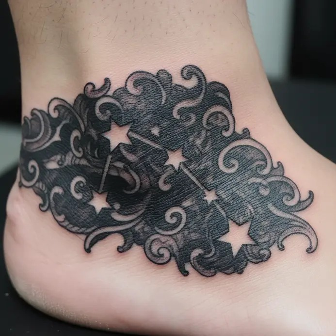 A Capricorn constellation ankle tattoo where the stars are formed by negative space within shaded areas.