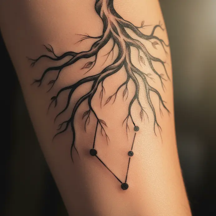 An illustrative tattoo of willow tree roots wrapping around the lines of the Capricornus constellation.