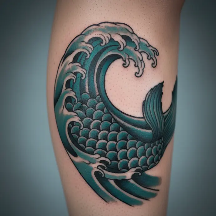 A tattoo on a calf depicting ocean waves that seamlessly transition into the fish tail of the Capricorn sea-goat.