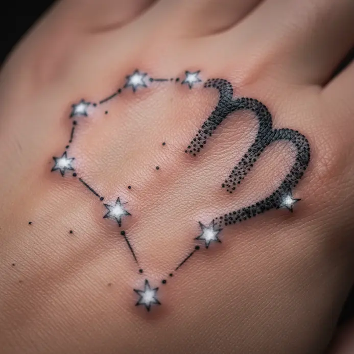 A Capricorn star map tattoo on the hand with subtle white ink highlights creating a glowing appearance.
